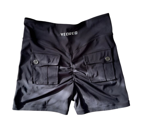 Women's High Waisted Black Cargo Gym Shorts With Zipper - Medium
