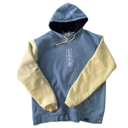 Front view of blue and yellow LGND hoodie with embroidered brand logo
