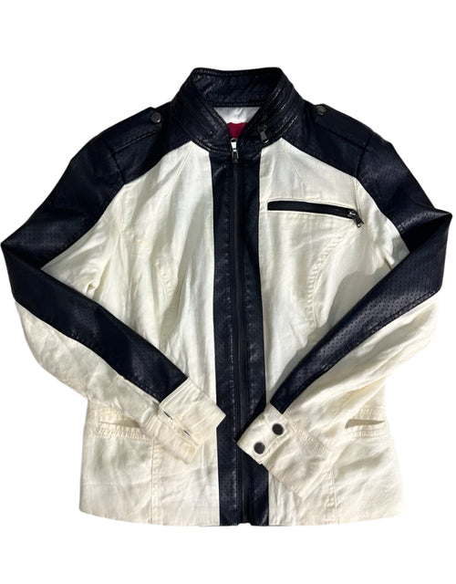 Women’s G.I.L.I. Black White Moto Jacket Linen Faux Leather Trim Size 6